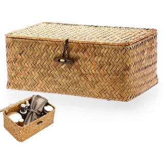 Rattankorb Aufbewahrungskorb aus Seegras, Geflochtener Korb mit Deckel, Aufbewahrungskorb aus Geflochtenem Rattan, Korb mit Deckel, Seegras Korb, für Wohnzimmer(XS, Orange)