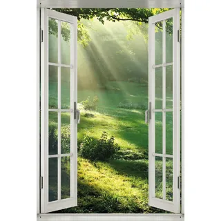 Wallario Outdoor-Poster für Garten oder Balkon 61 x 91,50 cm: Sonnenstrahlen im Wald - Schwarz