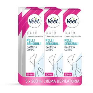 Veet Haarentfernungscreme für empfindliche Haut, 5 x 200 ml, für Beine, Arme, Achseln und Bikinizone, bis zu 7 Tage glatte Haut, ohne Ammoniakgeruch, dermatologisch getestet