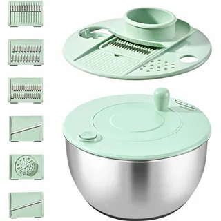 YUNYDSM 5L Salatschleuder Edelstahl, Gemüseschneider, Rührschüssel 3-in-1, mit 6 verschiedenen Ausstechern & rutschfestem Boden, Handkurbel-Design, Zum Obst und Gemüsehobel und trocknen, Küchenhelfer