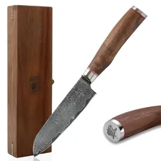 zayiko Kurumi Premium kleines Santokumesser mit 12 cm Klinge gefertigt aus 67 Lagen echtem Damaststahl mit Nussbaumgriff I Holzbox I Damastmesser Küchenmesser und Profi Kochmesser