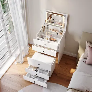 SONNI 3 in 1 Schminktisch mit Stuhl, Kosmetikspiegel, mit 4 Schubladen , weiß Schminktisch mit LED-Beleuchtung 83 x 45 x 60 cm - Weiß
