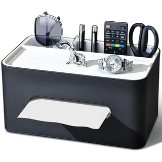 KINGFOM Taschentücher Box mit 2 Fächern, PU Leder Taschentuchbox Kosmetiktücherbox, Multifunktionale Tissue Box Tücherbox mit Ablage, Schreibtisch Organizer für Büro, Zuhause, Badezimmer (Schwarz)