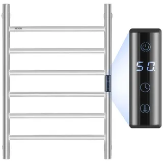 Vevor Handtuchtrockner Heizkörper Handtuchwärmer, beheizter Handtuchhalter mit 6 Stangen, wasserdichter Handtuchwärmer mit Timer und LED-Anzeige, 5 einstellbare Temperaturstufen, Wandmontage, Silber