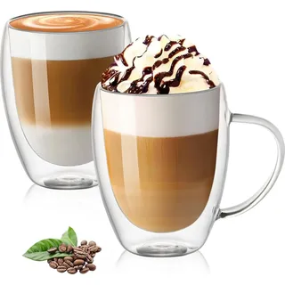 Latte-Glasbecher - 2 x 350ml Doppeltwandige Gläser mit Griff - Isolierte Kaffeegläser - Borosilikat Wärmebeständige Gläser für Tee, Kaffee, Latte, Cappuccino, Espresso, Bier