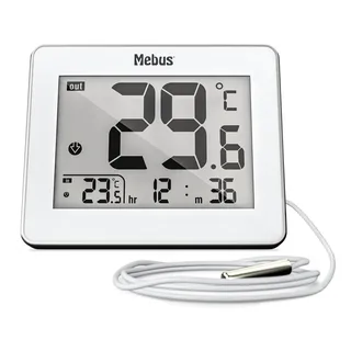 MEBUS digitales Thermometer mit kabelgebundenem Außensensor misst Temperatur Innen und Außen, Uhrzeit, Min-/Max-Werte, Gehäuserahmen aus Metall, Farbe: Weiß, Modell: 01074