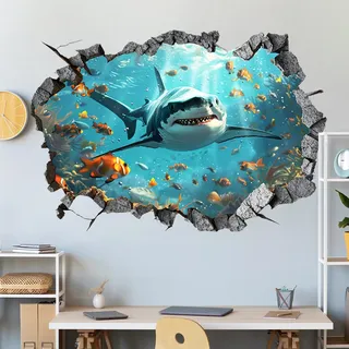 3D Wandaufkleber Unter dem Meer Hai Wandtattoos, Selbstklebende Wandtattoos für Kinderzimmer Jungenzimmer Babyzimmer Schlafzimmer Badezimmer Einkaufszentrum Wand Tür Glasdekoration,Ozeanwelt