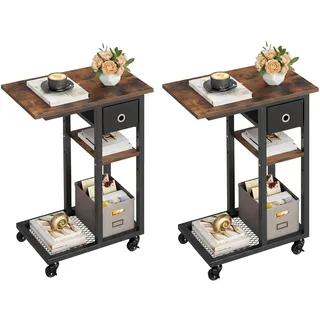 YITAHOME 2PCS Beistelltisch, C-Form Sofatisch mit Rollen und Schublade,Wohnzimmertisch für Kaffee und Laptop,für Wohnzimmer, Schlafzimmer,50 x 30 x 67cm, Rustikales Braun