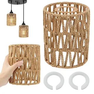 Rattan Lampenschirm Korbgeflecht, 2 Stück Rattan Lampenschirm Korbgeflecht mit 2 Adapterring, Pendelleuchtenschirm Boho, Korblampen Hängend, für E27, E14 Tischlampe, Stehlampe, für Esszimmer, Bar