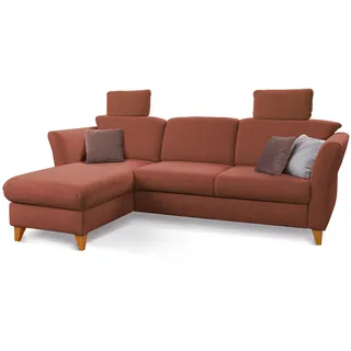 CAVADORE Schlafsofa Trend / Skandinavische Eckcouch mit Federkern, Bettfunktion, Bettkasten im Longchair und 2 Kopfstützen / 249 x 86 x 162 / Cord, Kupfer