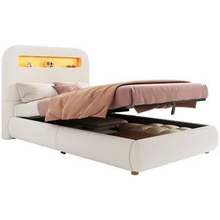 Stilvora Polsterbett 90/200 cm in Weiß mit Bettkasten und LED Bouclé , Beige , Holzwerkstoff , 90x200 cm , Schlafzimmer, Betten, Polsterbetten