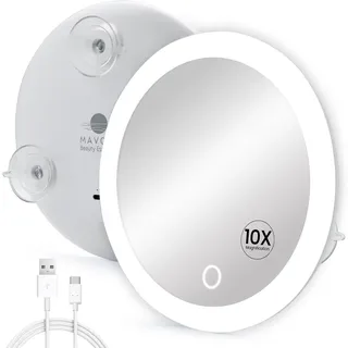 Mavoro 17cm LED Vergrößerungsspiegel mit 3 starken Saugnäpfen | 10X Vergrößerung | Tragbarer beleuchteter Reise Make-up- & Kosmetikspiegel (USB-C wiederaufladbarer integrierter Akku | 10X)