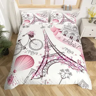 Loussiesd Eiffelturm Drucken Bettwäsche Set 135x200cm Rosa Romantisches Paris Thema Bettbezug Set für Mädchen Frauen Fahrrad Ballon Blumen Dekorativ Betten Set mit 1 Kissenbezug