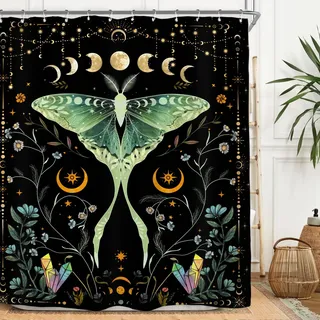 Miyotaa Motten-Gothic-Hexen-Duschvorhang-Set, 152 x 180 cm (B x H), Nacht, Mondphase, Pflanze, geheimnisvoll, schwarz, botanisch, Mondlicht, Grün, Blaugrün, Polyester, wasserdicht, Badezimmer-Vorhang