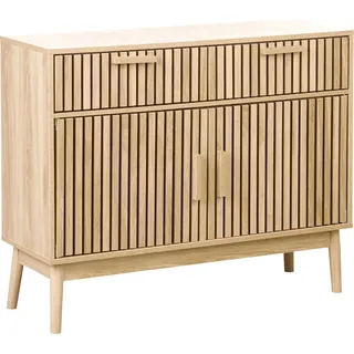 BELIANI Sideboard Hellbraun Holz u. MDF-Platte Holzoptik Lamellen-Optik Halbhoch mit 2 Schubladen 2 Türen Skandi Wohnzimmer Mehrzweckschrank - Braun