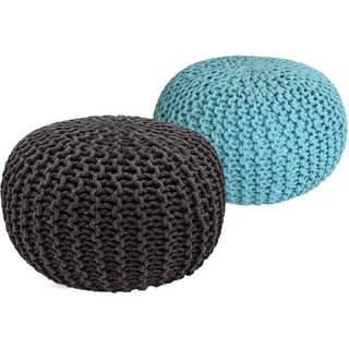 Strickhocker 2er Set Pouf Sitzpouf Sitzpuff Pouf Bodenkissen Ø 55cm grau/mint - Grau, Türkis