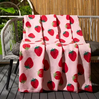 OHS Sofa Decke Rosa, Erdbeerdruck, Gartendecke, leicht, dekorativ, Sofa, Bett, Picknickdecke, Überwurf über Stühle, weich, warm, gemütlich, Decke Kinder 120 x 150 cm