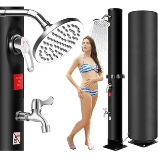 Solardusche 35L Gartendusche mit Schutzhaube, Solar Duschsäule bis 60°C mit Regendusche, Fußdusche, Mischarmatur, Gartenschlauchanschluss, PVC, Außendusche für Garten Pool Terrasse