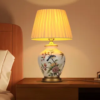 Tischlampe aus Keramik, Vintage, Nachttisch- und Wohnzimmerlampe, weißer Stoff, moderner Stil, E27, Weiß