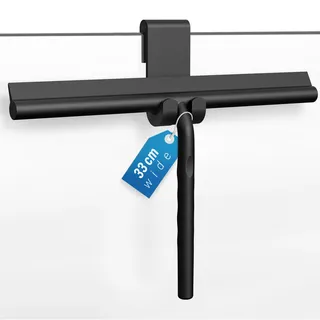 ecooe Silikon Duschabzieher 33cm Schwarz, Abzieher Dusche mit Halter, ohne Bohren Duschabzieher, Fensterabzieher mit Edelstahlkern, Badwischer für Glas, Spiegel, Fenster, Fliesen