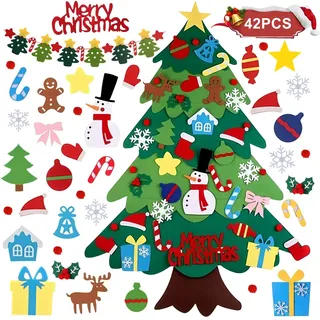 Filz Weihnachtsbaum mit Banner, 95cm DIY Kinder Filz Weihnachten Bastelset, Weihnachten Dekoration Hängend Dekor Mit 42 Abnehmbaren Hängenden Ornamenten Und Banner, Weihnachtsbaum für Home Tür Wand