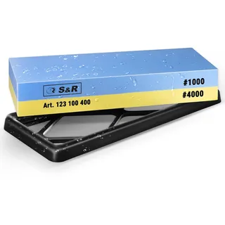 S&R Doppelseitiger Schleifstein 1000/4000 - Korund - Premium Wetzstein & Messerschärfer Set, rutschfester Silikon-Halter, Schleifhilfe, präzises Schärfen & Schleifen aller Klingen
