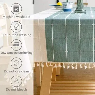 Einfarbige rechteckige Tischdecke aus Baumwolle und Leinen mit Karomuster und Quasten, für Küche oder Esszimmer, 140 x 240 cm, grün/weiß