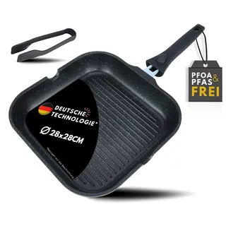 DIVORY Grillpfanne 28 cm – Gerippte Antihaft-Oberfläche, abnehmbarer Griff – Für alle Herdarten geeignet, Induktion – Steakpfanne für Steaks & Grillgemüse, inkl. Grillzange – Frei von PFOA & PFOS