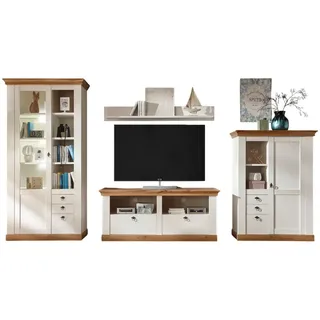 furn.design Wohnwand Hemsby in weiß Pinie und Eiche Wotan Landhaus Schrankwand 4-teilig 376 x 204 cm, Wohnzimmer, Wohnwände, Anbauwände