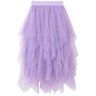 Tüllröcke für Damen, 3-lagig, hoch, niedrig, asymmetrisch, Midi-Länge, elastische Taille, Netz-Tutu-Röcke (Einheitsgröße, Violett)