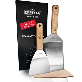 DREIBERG® Grillspachtel Set mit Buchenholz und Edelstahl inkl. 20 STK. Burgerpapier - Grill Pfannenwender für Smash Burger Set ideal als Smashed-Burger-Presse