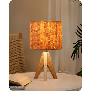 EDISHINE Nachttischlampe Tischlampe Holz, E27 Fassung, Stativ Vintage Landhaus, Boho Rindeneffekt, für modern Deko Schlafzimmer, Wohnzimmer, Nachttisch, Geschenk
