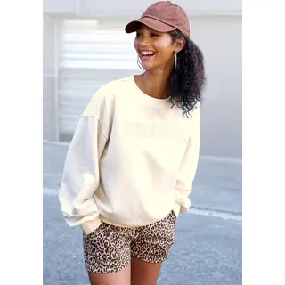 Sweater BUFFALO, Damen, Gr. 44/46, weiß (wollweiß), Sweatware, Obermaterial: 60% Baumwolle, 40% Polyester, unifarben, bequem hüftlang, Rundhals, Rippbündchen, Sweatshirts Sweater, mit aufwendiger Stickerei