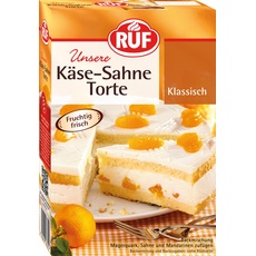 RUF Käse-Sahne-Torte, Backmischung für Torte mit Biskuitboden und Sahnecreme, für Mandarinen, Kirschen, Stachelbeeren, Heidelbeeren