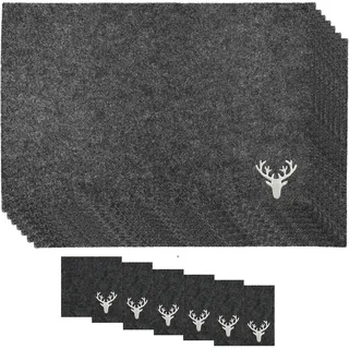 CULT at home Filz Tischsets Hirsch 45 x 30 cm und Glasuntersetzer 10 x 10 cm - 6 x Placemats und 6 x Coasters – dunkel grau anthrazit - Deko Tischdeko Weihnachten Advent