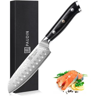 PAUDIN Damastmesser santoku messer 13 CM, Profi Damast Küchenmesser für Küche, Extrem Scharf Kohcmesser und Küchenbeil, Hochwertigem Edelstahl Messer mit Scharfe Klinge und Ergonomisches G10 Griff
