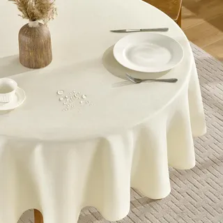FIBORIA Outdoor Tischdecke rund 160cm Durchmesser Leinenoptik Tischdecken abwaschbare Wasserabweisende Tischwäsche Abwischbare Tischtuch Beige Table Cloth für Ostern,Frühling,Hochzeiten,Geburtstag