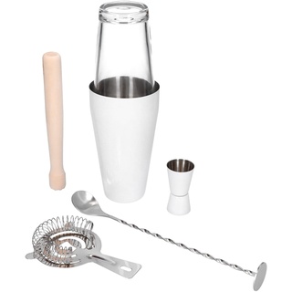 Whiskey Rocks 6-er Cocktail Shaker Set - Cocktail & Bar Zubehör - Boston Shaker - Barkeeper Set - Bar Set - Cocktail Messbecher & Stößel - Barlöffel - Edelstahl - Weiß