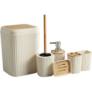 G.mütlich Badaccessoires Set 6-teilig, Badezimmer Badset Deko Holz, Beige | Inkl. Kosmetik-Mülleimer, WC-Bürste, Zahnputzbecher, Becher, Seifenspender & Seifenschale