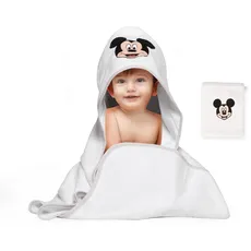 Disney Home Micky Maus Baby-Kapuzenhandtuch-Set bis 5 Jahre Weich & Saugfähig Oeko-Tex Zertifiziert, 2-teilig,Kapuzenhandtuch 80 x 80 cm, Waschlappen 15 x 20 cm