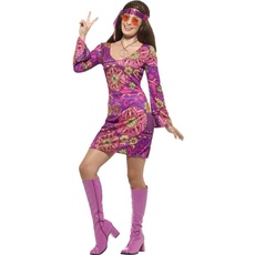 Hippie Chick Costume, Multi-Coloured, with Dress, Headscarf & Medallion (XS)