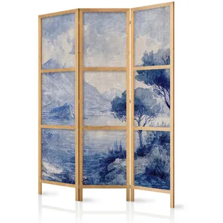 Muralo Paravent Japanischer 3-tlg 135x172 cm Blaue Landschaft , Holz, Textil , Pinie , Landschaft/Berg , Rechteckig , 135x172x3 cm , Wohnzimmer, Raumteiler, Paravents