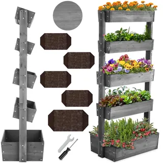 tectake® Vertikalbeet mit 5 Etagen, Hochbeet aus Holz, Pflanztreppe, Hochbeet Balkon, Blumenbeet, Kräuterbeet, Gemüsebeet, Pflanzenregal, Blumenkasten Holz mit Pflanzvlies - grau, 81 x 52 x 180 cm