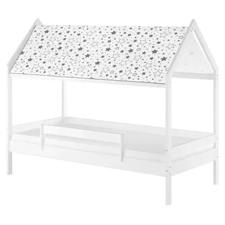 Weißes Himmelbett m Himmel u Fallschutz Kinderbett Hausbett 90x200 Massivholz Einzelbett weiteres Zubehör wählbar V-60.58-09W Federleisten und Matratze - Weiß