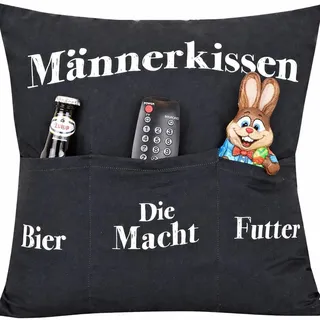 KAMACA Männerkissen mit 3 Taschen (43×43 cm) – Sofakissen für Bier, Fernbedienung & Snacks – Ostern Geschenkidee für Männer, Gamer & Väter (Männerkissen A)