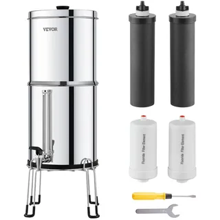 Vevor Schwerkraft Wasserfiltersystem Edelstahl Arbeitsplattensystem 7+7,5L Wasserfiltrationssystem, reduziert Blei und bis zu 99% Chlor, mit 2 Aktivkohlefiltern & 2 Entfluorierungsfiltern & Zapfhahn
