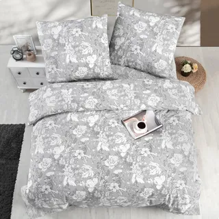 Bettwäsche-Set 135x200 cm. Kuschelig Weiche Baumwolle, Grau Bettbezug Weiß Geblümt Kissenbezug mit Reißverschluss, Destin - Grau, Weiß