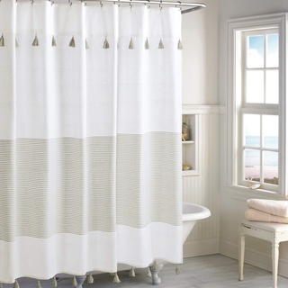 Peri Home Panama Stripe Boho Farmhouse Quaste Duschvorhang 100% Baumwolle Stoff Duschvorhang mit Quasten für Badezimmer Dekor, 183 x 183 cm, Taupe