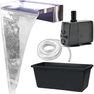 Köhko Wasserfall-Set Akaka (Länge 30 cm) aus Edelstahl matt 24303 - Komplett-Set inkl. Pumpe und Becken (65 Liter) Einbauhöhe bis ca. 45 cm Auqafall