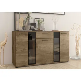 FURNIX Sideboard SARAI mit Schublade, Glastüren und ohne LED 3-türig Anrichte Kommode fürs Esszimmer 140 cm modern Eiche Lefkas - Braun